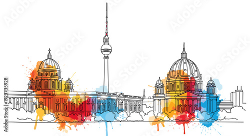 Berlin skyline with watercolor splatters in linear art style