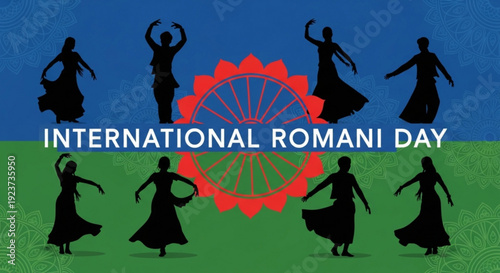 International romani day celebration with silhouettes of dancers and wheel emblem on blue and green background
