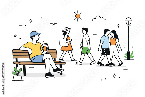 People watching in summer squares. Person sitting on a bench with iced drink, casually observing people walking by. Slow rhythm of summer life and gentle