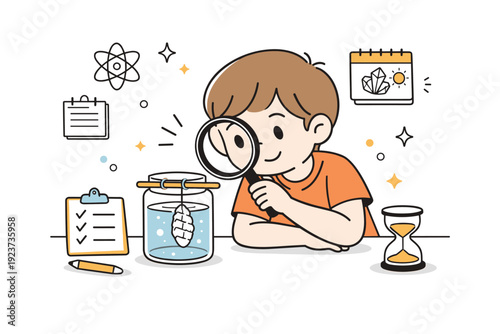 Kitchen science fun. Child holding a magnifying glass over a sugar crystal jar, watching it grow day by day. Gentle excitement and long-term