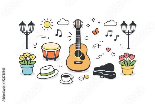 Spring busking flat-lay. Small drum, guitar, and decorative urban elements like potted flowers and street lamps arranged neatly. Calm, cheerful, and inviting