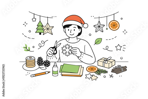 Eco-friendly holiday crafting. A person creating handmade decorations from paper and natural materials at a desk, representing creativity and sustainability.