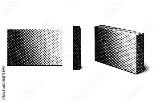 Pop art halftone dot panel represented as a single rectangular dot-density block object shown in three views: front view, side view, and