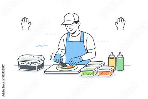 Urban street food safe preparation. A vendor preparing food on a clean surface with gloves and covered containers, calm and focused body