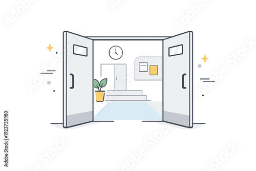 Open doors in public. Double doors partially open in a civic building, symmetrical but unoccupied. Institutional calm, silent access,