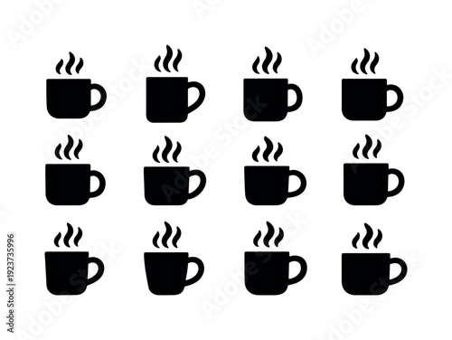 Collection of twelve steaming hot coffee cup icons in a grid pattern on a white background