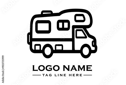 A simple black line art illustration of a camper van with placeholder text for a logo name and tagline on a white background.