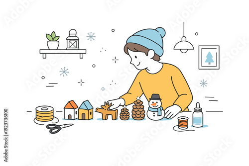 Simple winter DIY workshop at home. Person arranging finished crafts neatly on a surface, quiet satisfaction and sense of progress, minimal