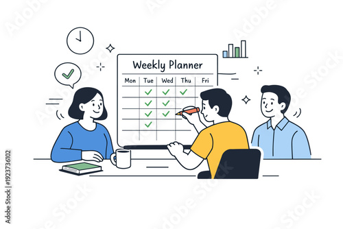 Weekly planning review scenes. Person highlighting completed tasks on a weekly planner while others observe and nod in agreement. Clear