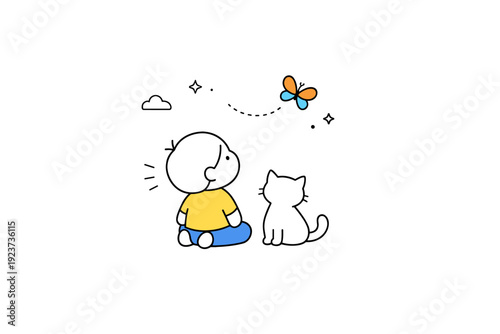 Cute minimal scene. One or two characters in a simple setting, using minimal details and plenty of white space. Calm, sweet, and modern