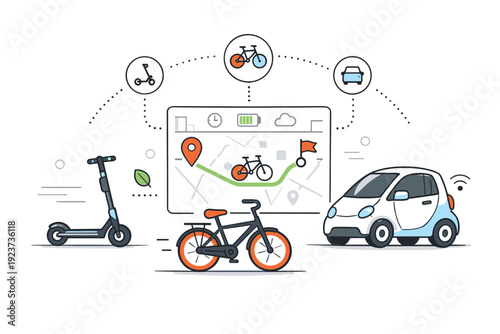 Smart Urban Mobility. Micro-mobility integration. A clean editorial scene showing different small transport modes?e-scooter, bike, and compact EV?connected to