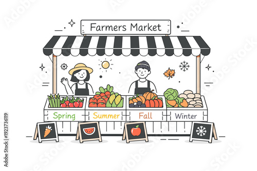 Farmers market seasonality. A small market stall displaying fruits and vegetables labeled by season. Local food culture, freshness, simple