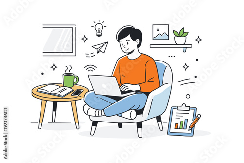 Creative freelance workspaces ? Writer or marketer working from a cozy corner. Laptop, notebook, coffee cup, and sunlight creating a quiet productive