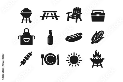 Outdoor Grilling. Solid icon set of Outdoor Grilling: backyard grill, picnic table, patio chair, cooler box, grilling apron, beer bottle, hot
