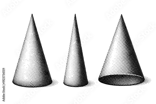 Dotted Geometric Cone. Dotted geometric cone. A symmetrical geometric cone is shown in three views: front view, side view, and three-quarter perspective view,