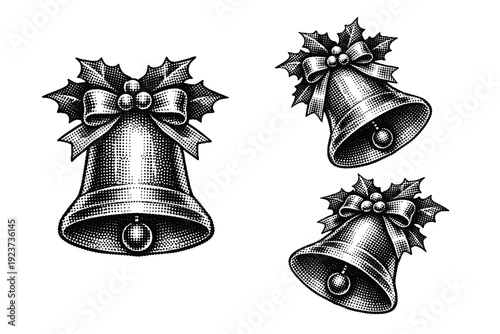 Seasonal greeting bell symbol, a single holiday bell greeting object represented in straight-on view, tilted view, and three-quarter angled