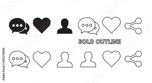 Social media engagement vector icon collection. Includes comment, like, profile, and share symbols. Created in black fill and outline styles with a monochrome palette.