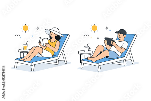 Relaxing on sun loungers. Person reading a book or scrolling calmly on a tablet while resting on a lounger. Quiet personal time and mental
