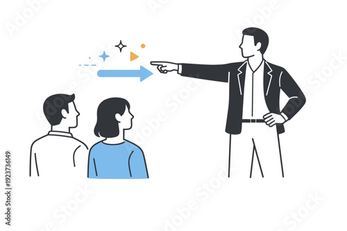 Nonverbal leadership. A composed figure communicates direction through posture and simple visual cues, no speech elements present. The scene