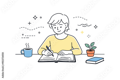 Journaling. A person writes calmly in an open notebook at a desk, reflecting on thoughts. Quiet, mindful mood with small handwritten lines