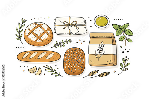 Artisan food branding illustration. A minimal flat lay with handcrafted bread, herbs, and simple packaging arranged neatly on a white