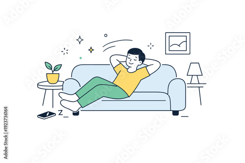 Intentional rest visuals. A minimal interior scene with a person resting on a sofa or chair, phone set aside. Choosing rest over stimulation and gentle