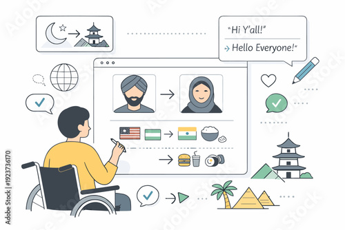 Inclusive Interface Design. Inclusive content adaptation. Person reviewing interface screens with text, symbols, and cultural references being carefully