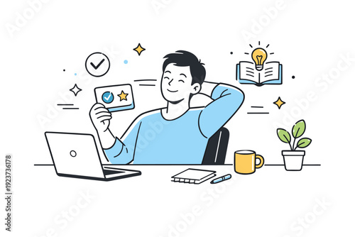 Skill learning during work breaks. A relaxed scene where a worker smiles after completing a short lesson, returning to the desk refreshed.