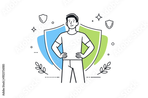 Confident Resilience Illustration. Mental resilience confidence state. A calm confident person standing upright with open posture, abstract shield or