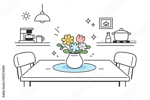 Flowers on kitchen tables. A simple bouquet sits at the center of a kitchen table, bringing freshness into an everyday domestic scene. Calm
