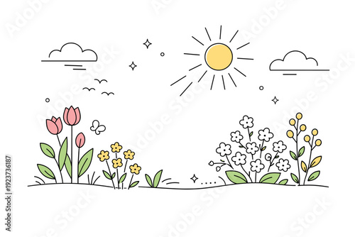 Spring backgrounds. Minimal nature scene with blooming plants, simple clouds, and sun rays drawn with clean lines. Feeling of renewal, warmth, and calm spring