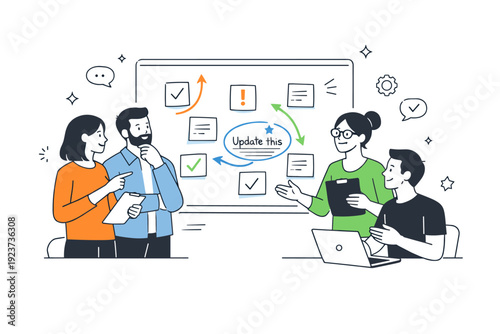 Feedback-driven improvement. A team discussing feedback notes pinned on a board, calmly prioritizing changes. The mood is collaborative and solution-oriented,