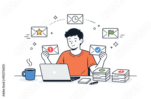 Man juggling emails and tasks at his desk with a laptop and coffee