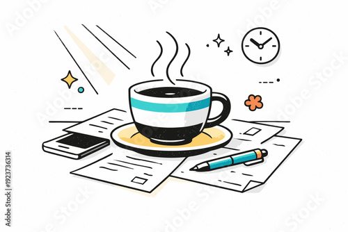 Film-like grain aesthetics. Coffee cup on a desk with scattered papers, light streaming in with soft grain over surfaces. Everyday objects