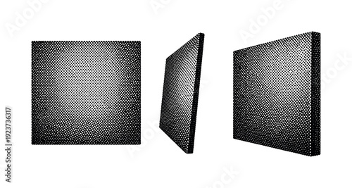 Dot mesh texture surface depicted as a single material object shown in flat front view, angled edge view, and three-quarter view to