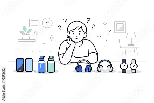 Too many choices scenes. A calm indoor setting where a person compares similar items laid out evenly, unsure which to pick. Minimal