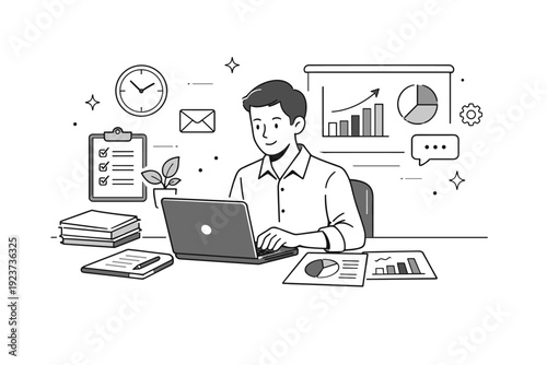 Monochrome office workflow. A professional working at a desk with a laptop, documents, and charts, showing routine and productivity in a