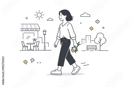 Women walking with bouquets in city. A woman strolls along a quiet city street holding a small bouquet at her side, posture relaxed and unhurried. The scene