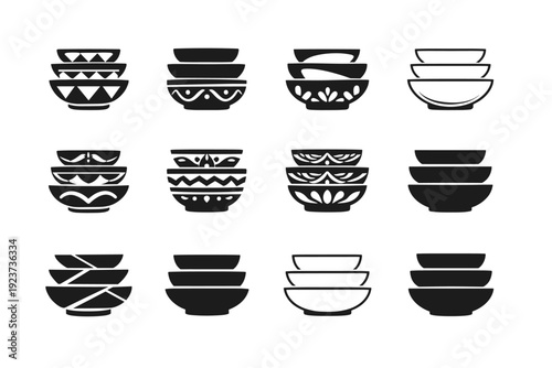 Using decorative bowls for a stylish touch. Icon set. Set Logo of Using decorative bowls for a stylish touch: stacked decorative bowls.
