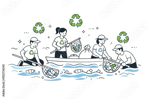 Ocean clean-up projects. Volunteers collecting plastic waste from the sea surface using simple nets, calm teamwork and shared responsibility.