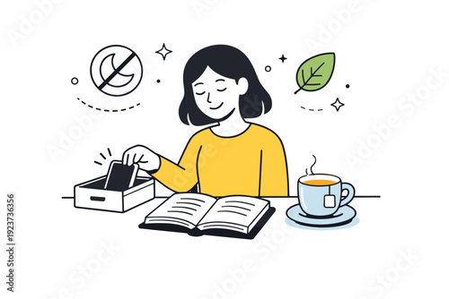 Digital detox moment. A person putting their phone away to enjoy a book and tea, floating do-not-disturb and leaf icons, peaceful and