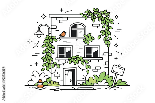 Overgrown city details. Building facade partially covered with climbing plants and leaves reaching windows. Gentle coexistence of architecture and greenery