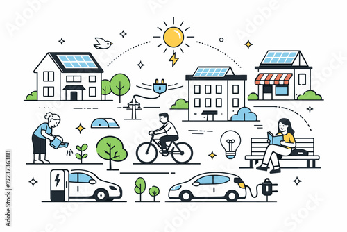 Solar-powered neighborhood. Rooftop solar panels supplying electricity to nearby buildings. Quiet everyday life supported by clean energy