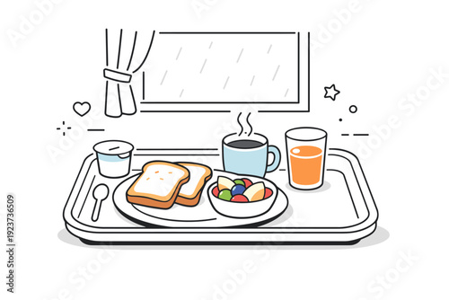 Hospital breakfast tray. A light meal with toast, fruit, and a drink served on a tray near a window. Peaceful morning mood, rain or light