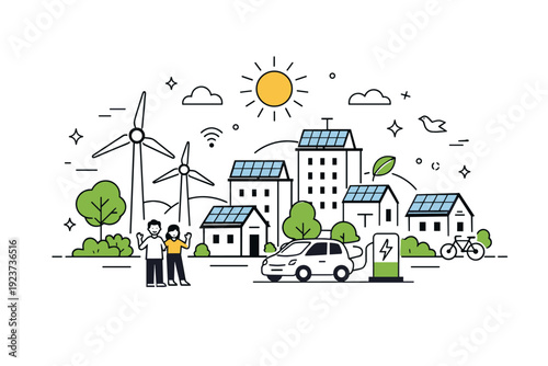 Green energy. Simplified city powered by renewable sources, with solar rooftops and wind turbines integrated naturally. Friendly modern vision of sustainable