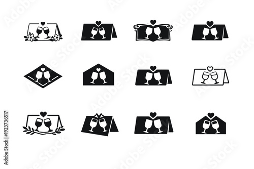 Place card. Icon set. Set Logo of Place card: wedding table place card. harmonious logo variations of the same emblematic concept, each with