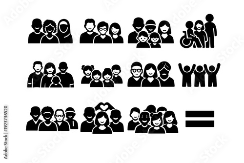Group portrait diversity. Solid icon set of Group portrait diversity: diverse people group, different skin tones, mixed genders, various