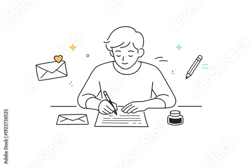 Handwriting letters. A person writing a letter with pen and paper, subtle envelope and pencil icons floating, calm and thoughtful mood.