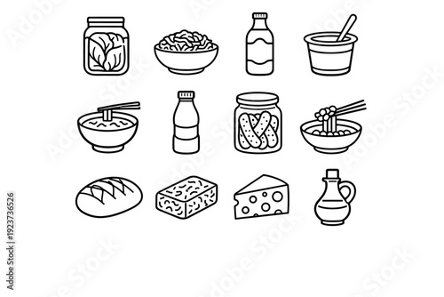 Fermented foods. Line icon set of Fermented foods: kimchi jar, sauerkraut bowl, kombucha bottle, yogurt cup, miso soup, kefir drink, pickles,