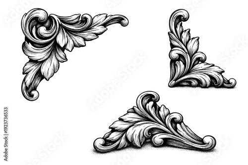 Floral ornamental corner motif object shown in three views including front view, side view, and angled view highlighting petal-like curves